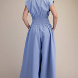 Cap-Sleeve Smocked Front-Zip Jumpsuit