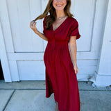 Deep Ruby Pleated V-neck Maxi Dress