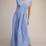 Cap-Sleeve Smocked Front-Zip Jumpsuit