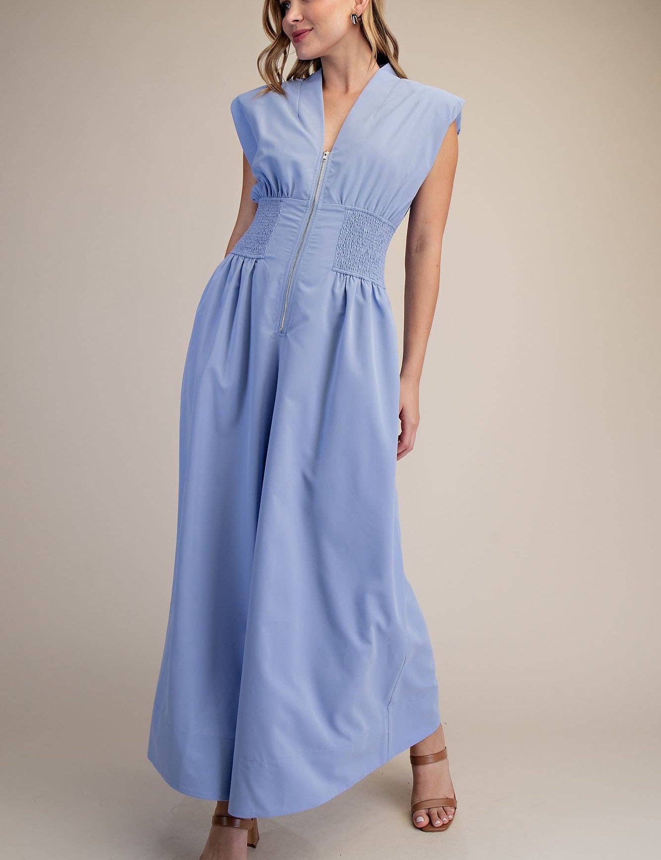 Cap-Sleeve Smocked Front-Zip Jumpsuit