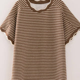 Coffee and Cream Scallop Trim Stripe Knit Top