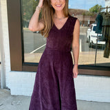 Plum V-Neck Midi Dress with Pockets
