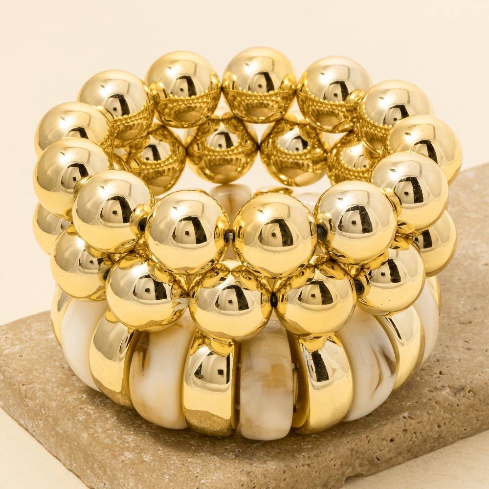 Chunky Marble Resin And Metallic Ball Beaded Bracelet Set