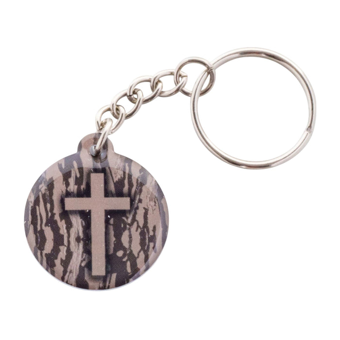 Tap To Pray Acrylic Keychain - Tree Bark Camo + Cross