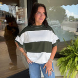 French terry color block exposed seam top