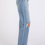 ON THE TOWN HIGH RISE STRETCH SLIM WIDE LEG W/ DESTROYED HEM