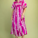 Printed Short Puff Sleeve Midi Dress with a Smocked Front Yoke