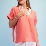 V-Neck Pullover Top with Lace Trimmed Stripe Details and a Rolled Cuff Short Sleeve