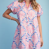Printed Button Down Dress with a Ruffled V-Neck and Short Puff Sleeves