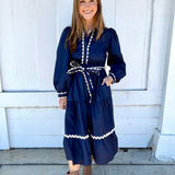 Navy Scallop Trim Midi Dress
