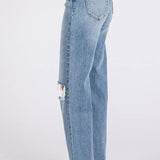 ON THE TOWN HIGH RISE STRETCH SLIM WIDE LEG W/ DESTROYED HEM