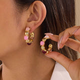 Multi-Color Cabochon Gold Hoop Earrings