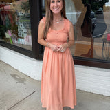 Sweetheart Smocked Mock Button Midi Dress