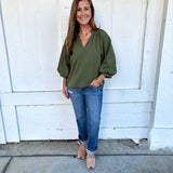 Olive Scalloped Trim Balloon Sleeve Blouse