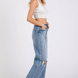 ON THE TOWN HIGH RISE STRETCH SLIM WIDE LEG W/ DESTROYED HEM