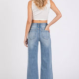 ON THE TOWN HIGH RISE STRETCH SLIM WIDE LEG W/ DESTROYED HEM
