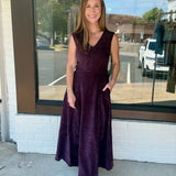 Plum V-Neck Midi Dress with Pockets