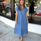 Stone Washed Collared Denim Midi Dress