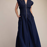 Cap-Sleeve Smocked Front-Zip Jumpsuit