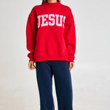 Embroidered "JESUS" Mock Neck Sweatshirt