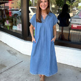Stone Washed Collared Denim Midi Dress