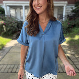 Honey Hollow Satin V-Neck Placket Cuffs Sleeve Top