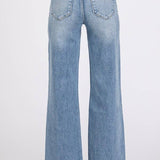 ON THE TOWN HIGH RISE STRETCH SLIM WIDE LEG W/ DESTROYED HEM