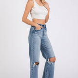 ON THE TOWN HIGH RISE STRETCH SLIM WIDE LEG W/ DESTROYED HEM