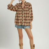 Black Mix Plaid Ruffle Blouse