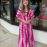 Printed Short Puff Sleeve Midi Dress with a Smocked Front Yoke