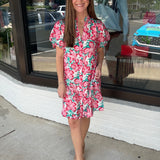 Floral Print V-Neck Button Down Dress with Short Puff Sleeves