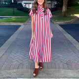 The Serena Stand High Neck Stripe Midi Dress