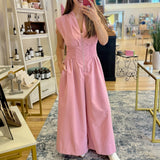 Cap-Sleeve Smocked Front-Zip Jumpsuit