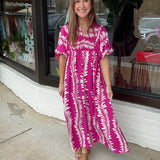 Printed Short Puff Sleeve Midi Dress with a Smocked Front Yoke