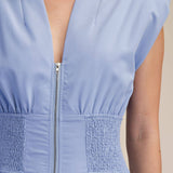 Cap-Sleeve Smocked Front-Zip Jumpsuit