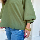 Olive Scalloped Trim Balloon Sleeve Blouse