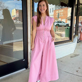 Cap-Sleeve Smocked Front-Zip Jumpsuit