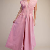 Cap-Sleeve Smocked Front-Zip Jumpsuit