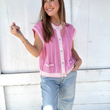 Round Neck Sleeveless Button Down Stripe Vest Sweater