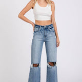 ON THE TOWN HIGH RISE STRETCH SLIM WIDE LEG W/ DESTROYED HEM