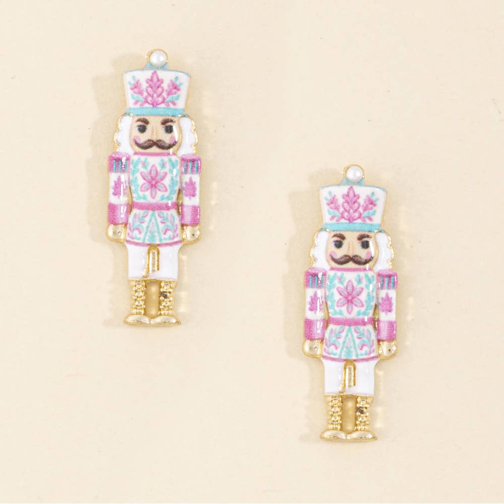 Vintage Print Christmas Nutcracker Pearl Stud Earrings