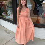 Sweetheart Smocked Mock Button Midi Dress
