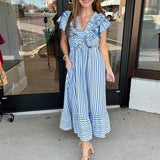 See You in Stripes Ruffle Midi Dress