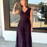Plum V-Neck Midi Dress with Pockets
