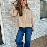 Neck Band Short Sleeve Button Down Top