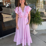 See You in Stripes Ruffle Midi Dress