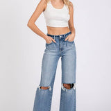 ON THE TOWN HIGH RISE STRETCH SLIM WIDE LEG W/ DESTROYED HEM
