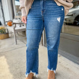 High-Rise Distressed Straight Jeans with Frayed Hem