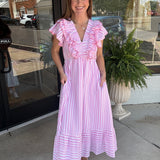 See You in Stripes Ruffle Midi Dress
