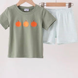 Boys Sage Pumpkin Embroidery Gingham Shorts Set